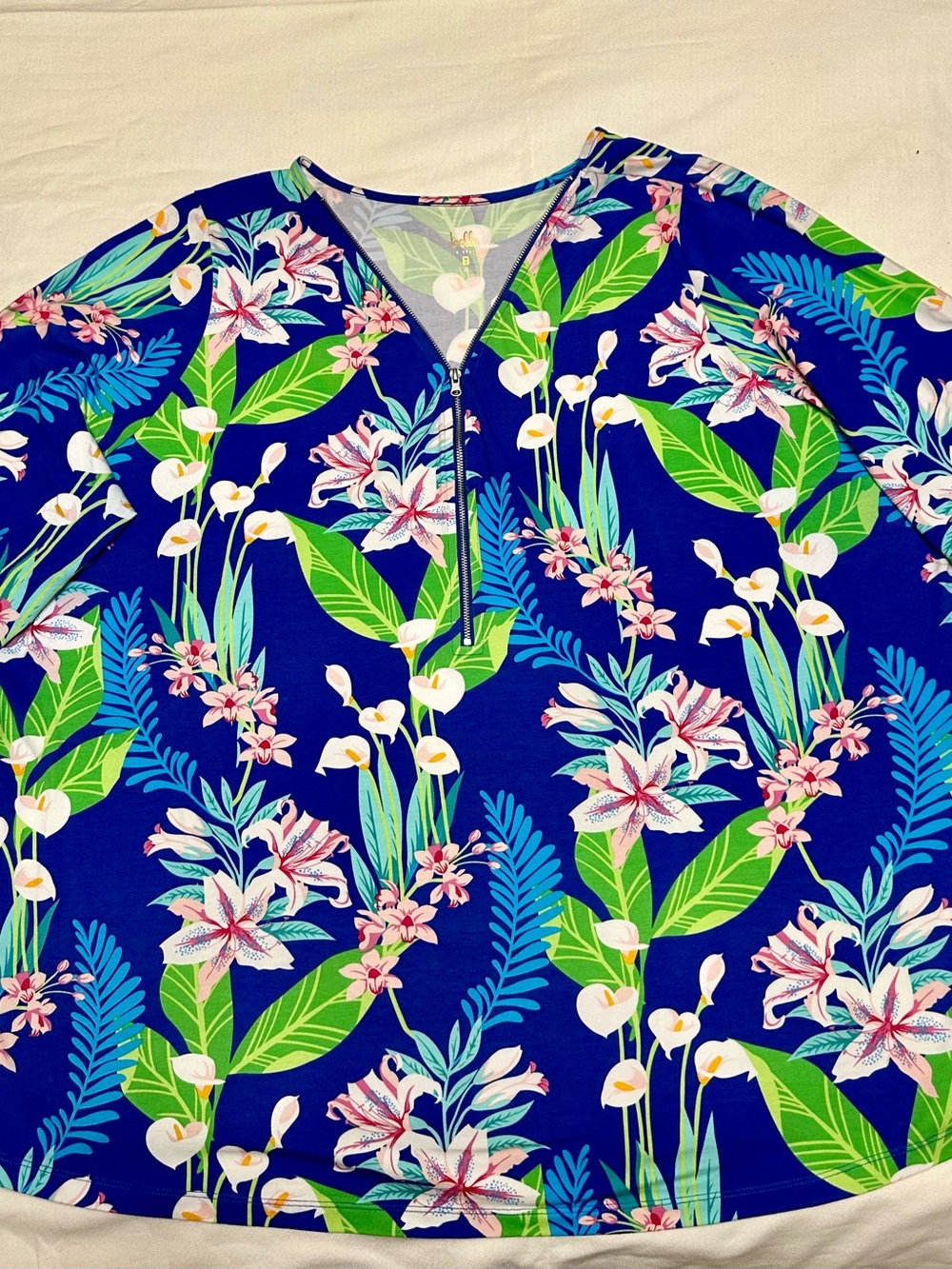 Belle by Kim Gravel Blue Tropical Floral 3/4 sleeve Zip-Front Top - 3X